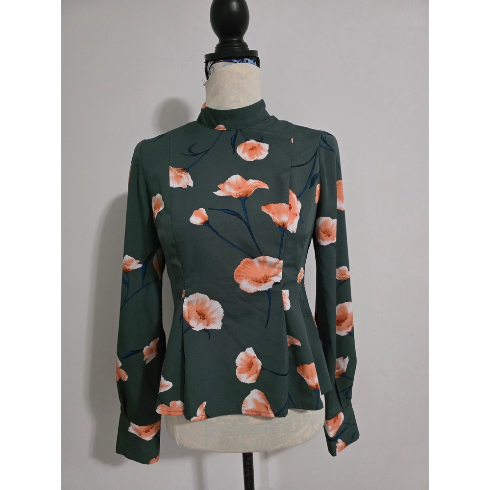 FOREVER 21 Contemporary Dark Green Floral Peplum Mock Neck Blouse Size Medium